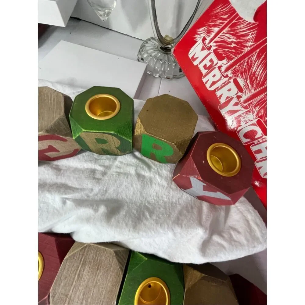 Vintage Merry Christmas primitive wooden block candle holders. Made in Taiwan.